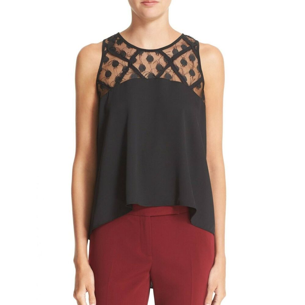 MILLY Illusion lace stretch silk trapeze top swing high low black blouse S NEW - Picture 2 of 8